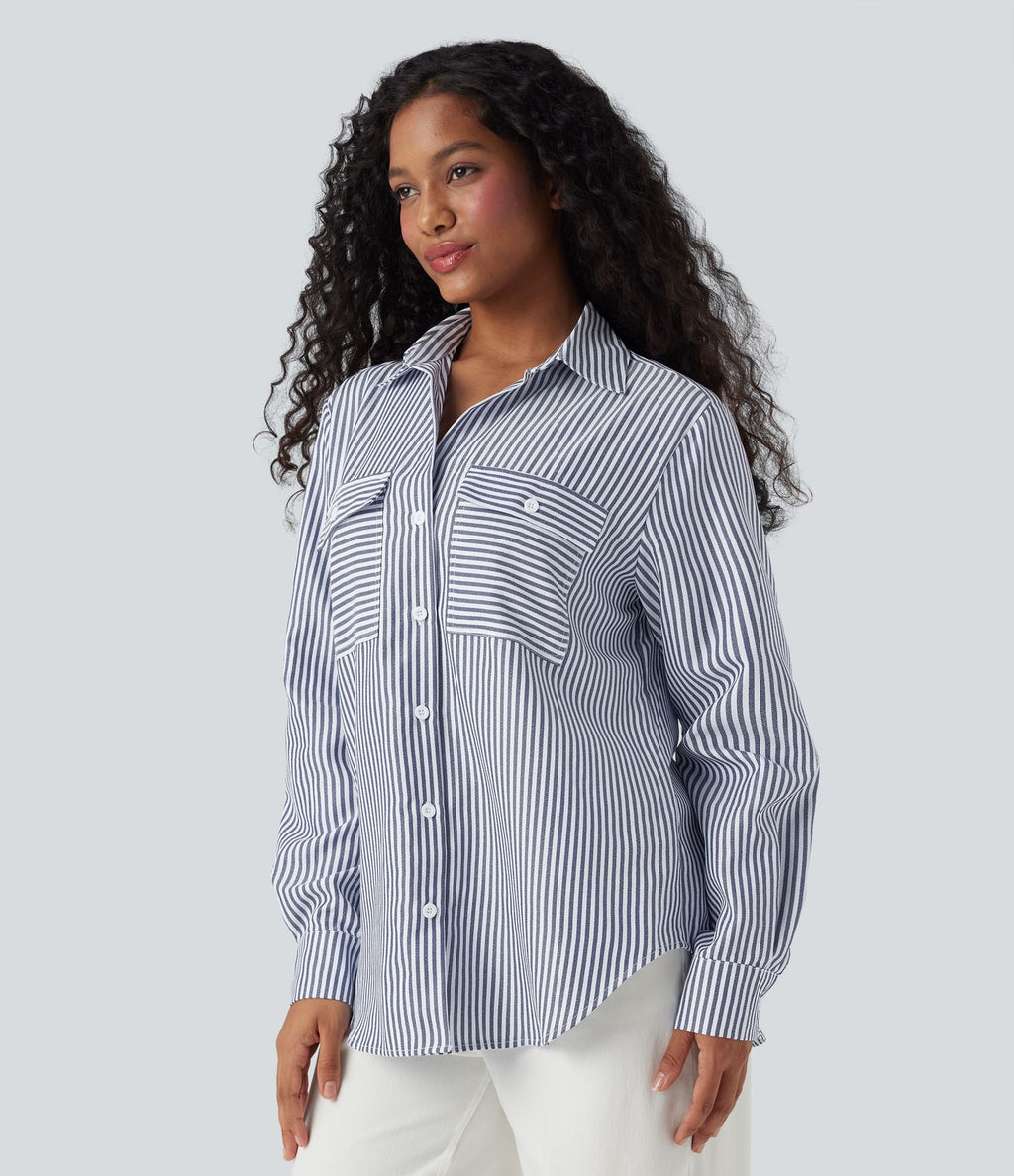 Chemise décontractée manches longues à rayures ourlet arrondi