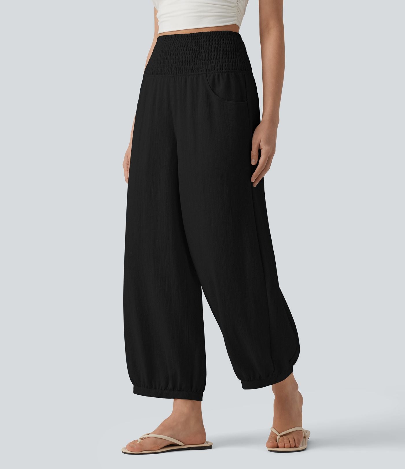 Pantalon casual bouffant aspect lin avec fronces taille haute et poches