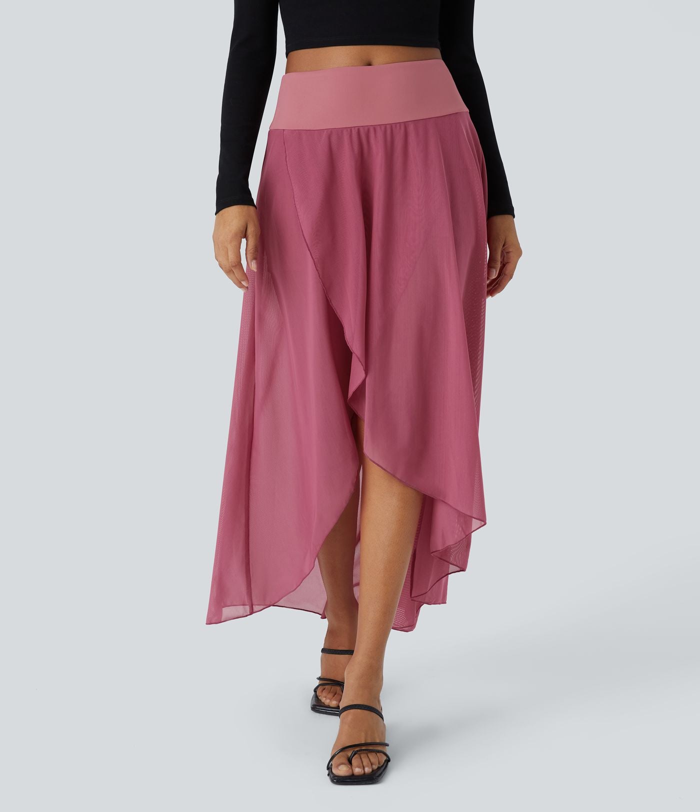 Jupe Longue Fluide Taille Haute à Volants 2 en 1 Poche Latérale Évasée en Mesh Casual Quotidien