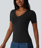 Halara T-shirt décontracté en jersey de coton col V manches courtes avec soutien-gorge intégré bonnets B-DD