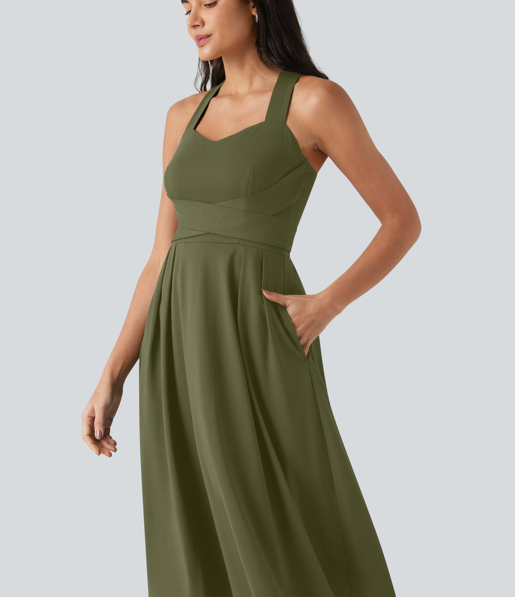 Robe midi fluide sans manches décolleté cœur avec bretelles croisées, nœud dans le dos et poches