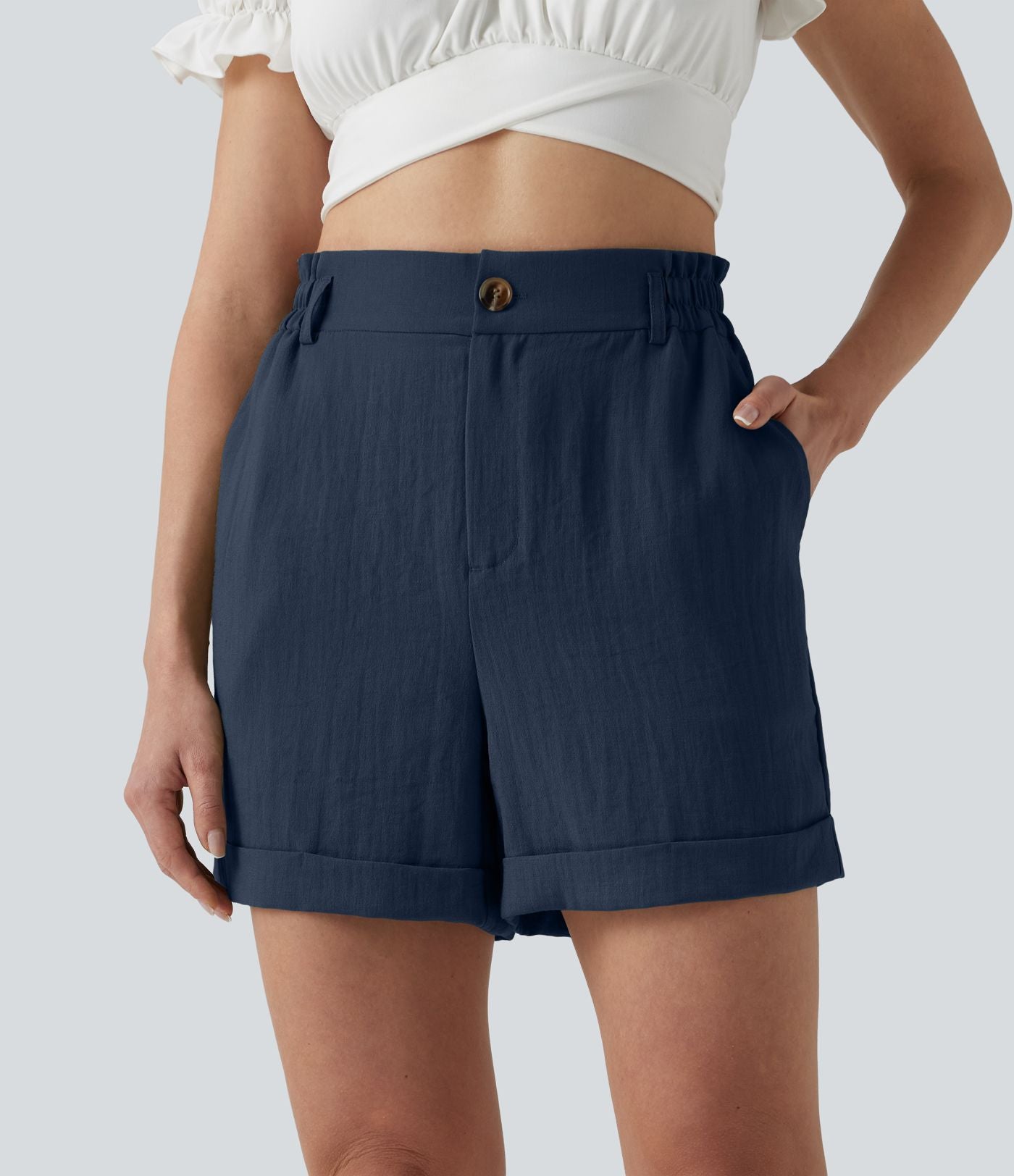 Short resort 12,5 cm taille haute effet lin avec ourlet roulotté et poches