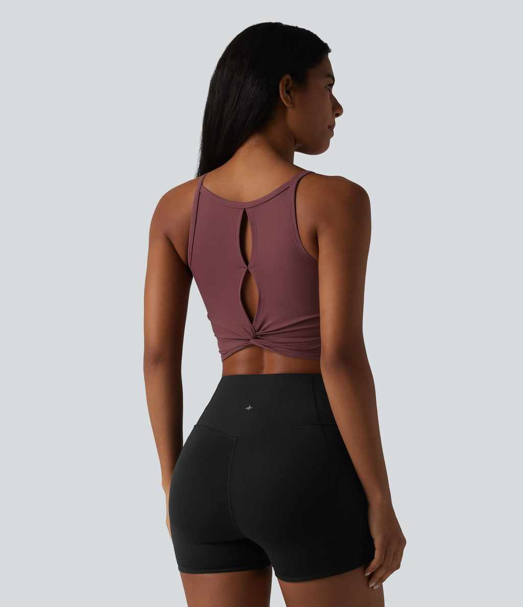 Débardeur de yoga SoftlyZero™ en peluche douce, dos torsadé découpé, col en U et soutien-gorge intégré
