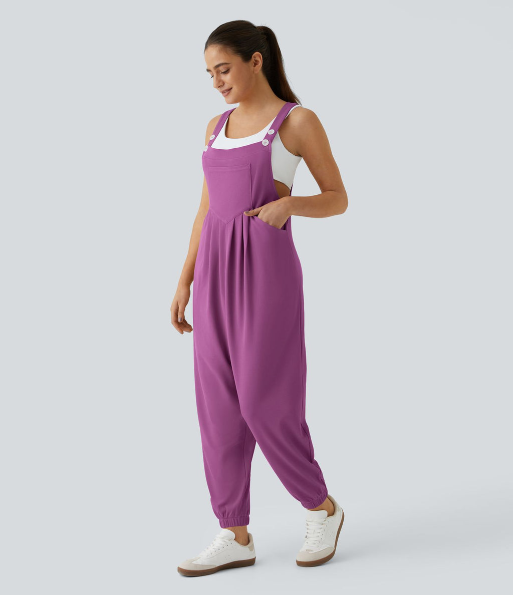 Salopette Casual Bretelles Ajustables Boutonnés Multiples Poches Plis et Tissu Gaufré