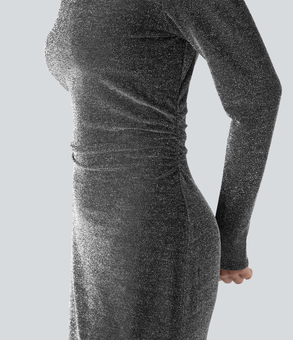 Robe midi fendue à manches longues, dos noué avec découpes, effet sparkle