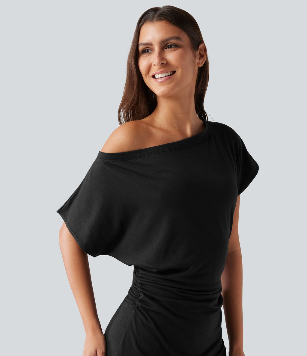 Robe mini décontractée asymétrique une épaule avec détails froncés, effet ventre plat et short intégré