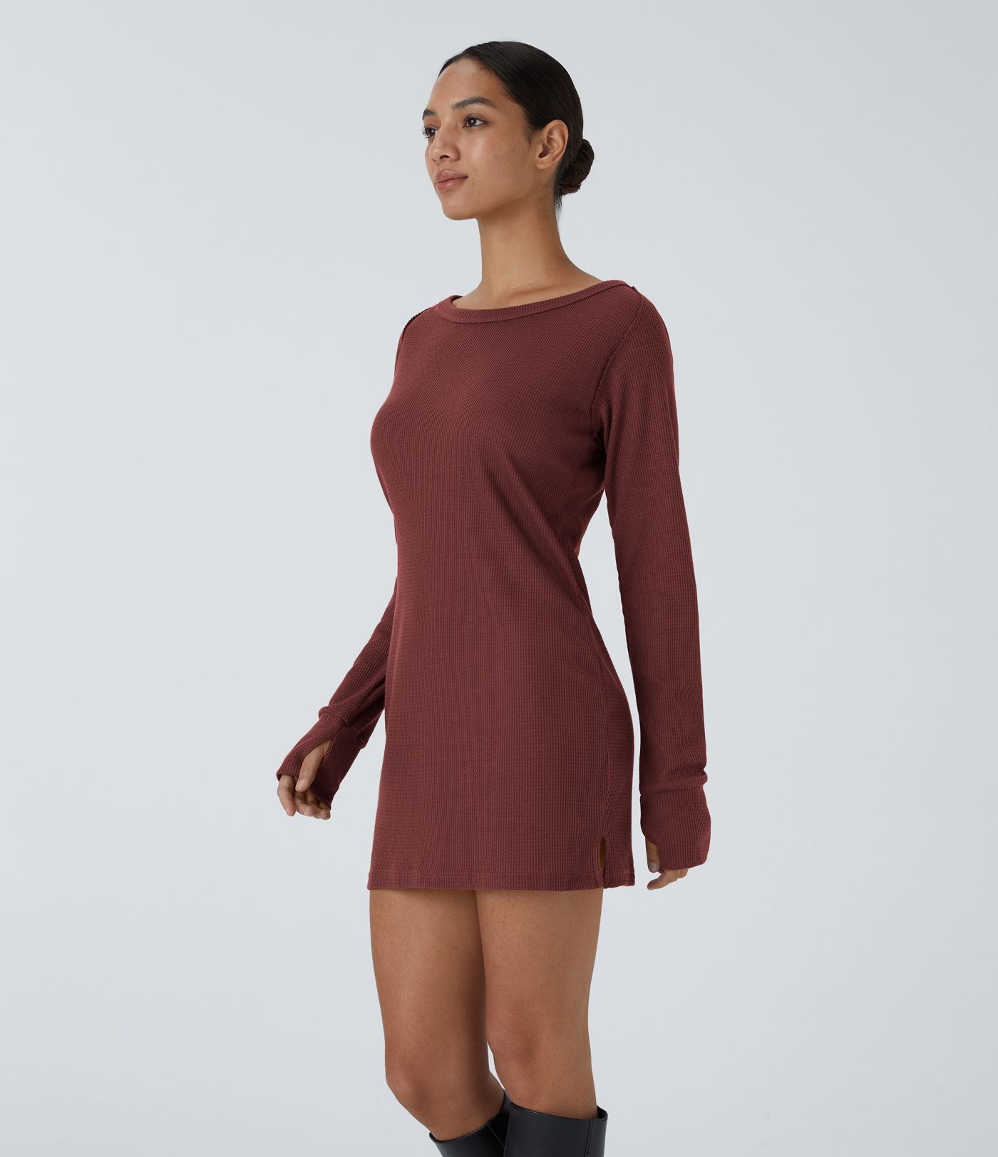 Robe Sweatshirt Casual Col Bateau Manches Raglan Avec Trous Pour Les Pouce Ourlet Fendu en Waffle
