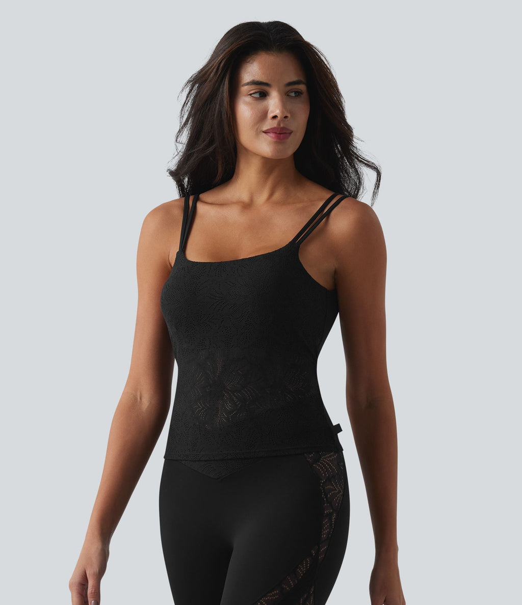 Débardeur yoga SoftlyZero™ col U dos nu torsadé dentelle avec brassière intégrée - longueur extended
