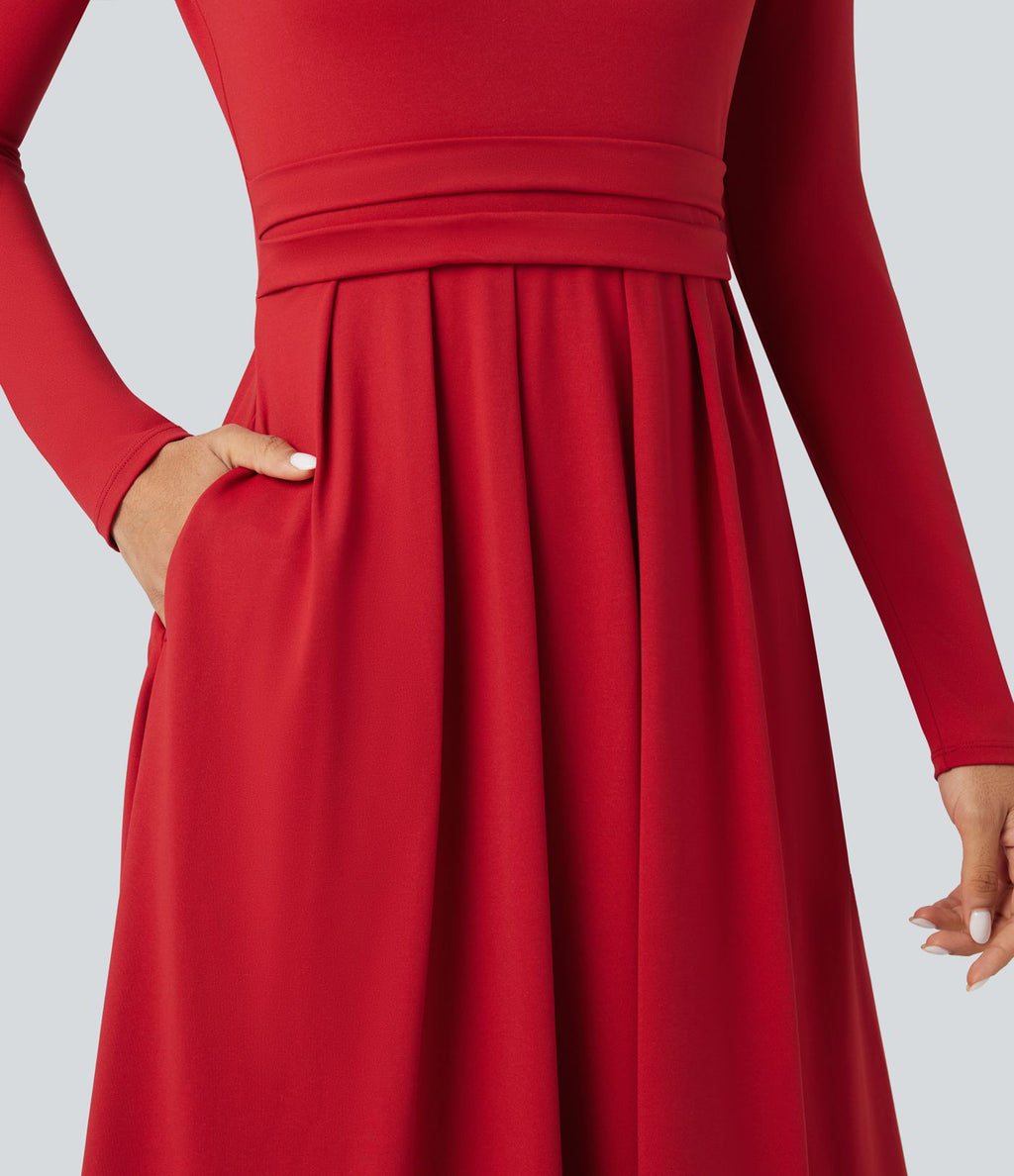 Robe longue décontractée évasée col rond plongeant manches longues avec poches