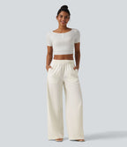 Pantalon casual ample aspect lin taille mi-haute avec poches