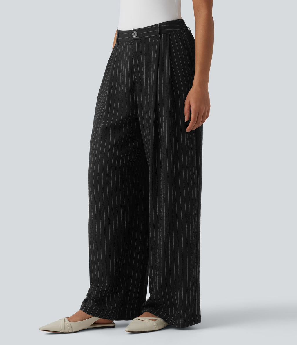 Pantalon bureau taille haute rayé, coupe ample avec poches