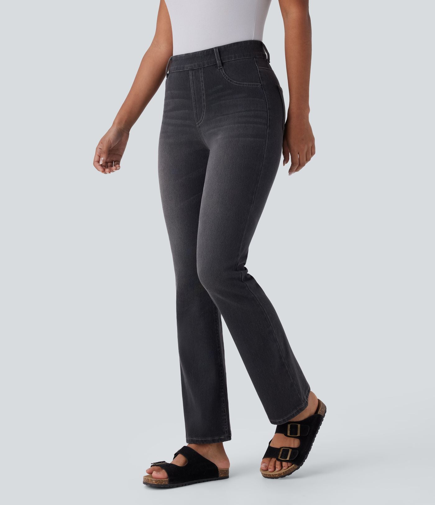 Halara Flex™ Jeans bootcut Casual Taille Haute Multiples Poches Lavés Élastiques et Tricotés Coupe