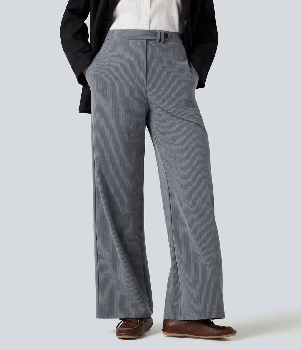 Pantalon tailleur rayé coupe droite taille haute avec poches