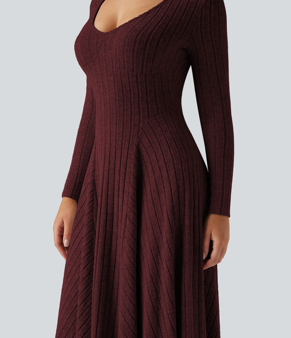Robe mi-longue évasée maille côtelée à décolleté en V et manches longues