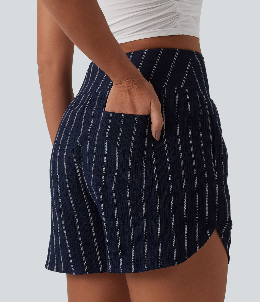 Short casual taille haute ourlet arrondi rayures avec poches
