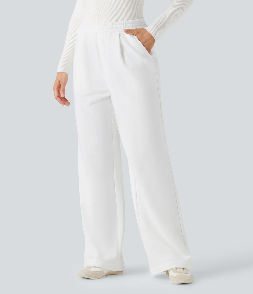 Pantalon jogging tailleur polaire coupe droite taille haute avec poches