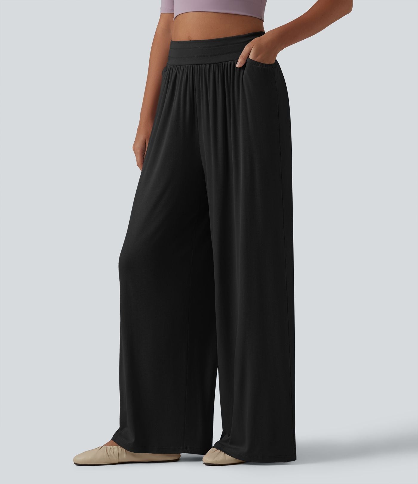 Pantalon ample décontracté côtelé taille haute ventre plat avec poches