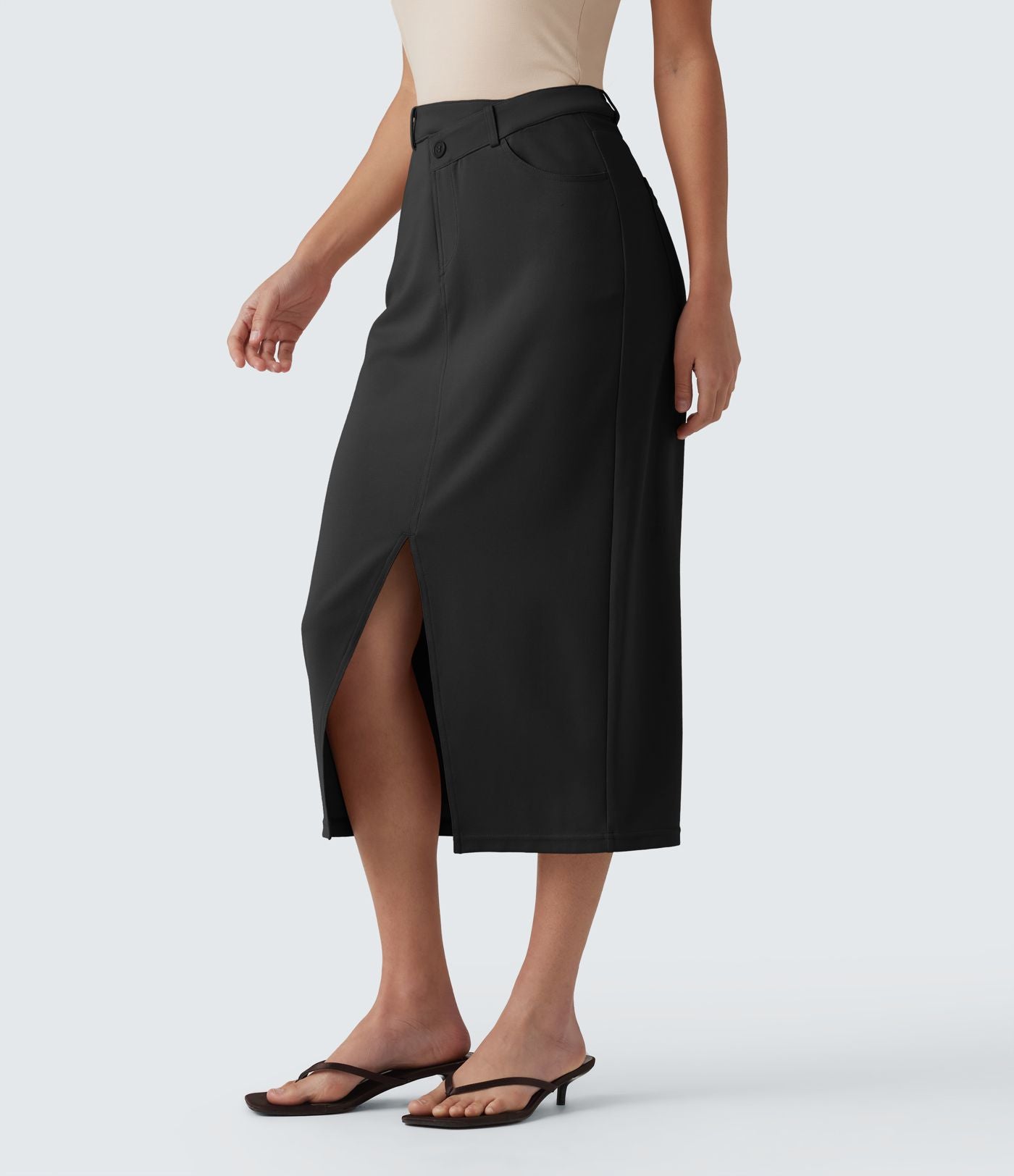 Jupe crayon midi tailleur asymétrique taille moyenne fendue avec poches