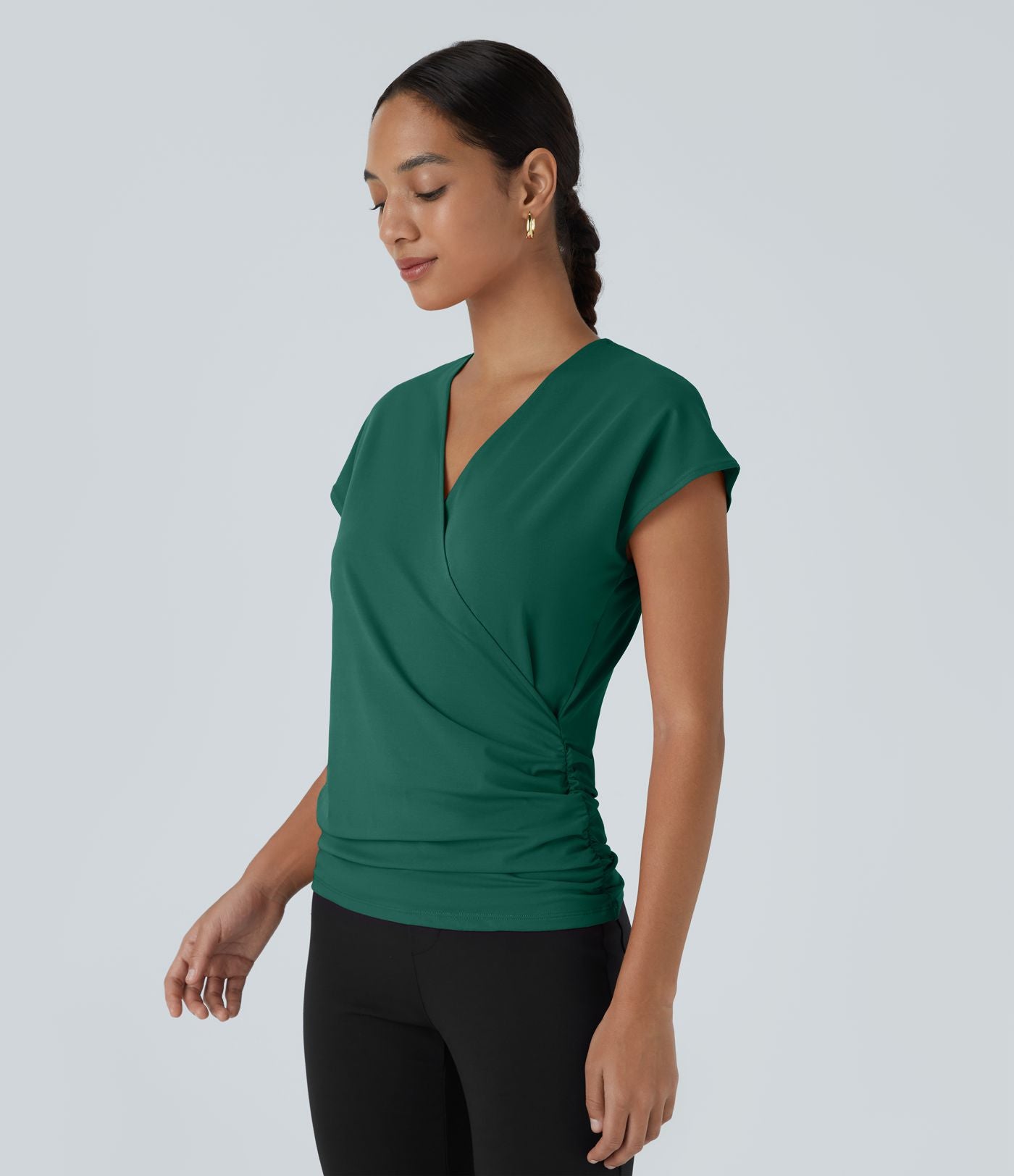 Blouse Travail Unie Froncée Croisée Manches Courtes Col en V