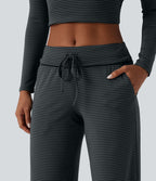 Pantalon décontracté droit à rayures taille basse repliable avec cordon de serrage et poches
