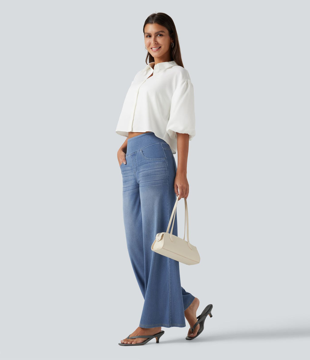Halara Flex™ Jean large casual taille haute ventre plat, en lyocell drapé effet délavé, avec poches