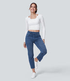 HalaraMagic™ Jean 7/8 Travail en Tricot Extensible Lavé à Jambes Droites et Poches Multiples à Taille Mi-Haute
