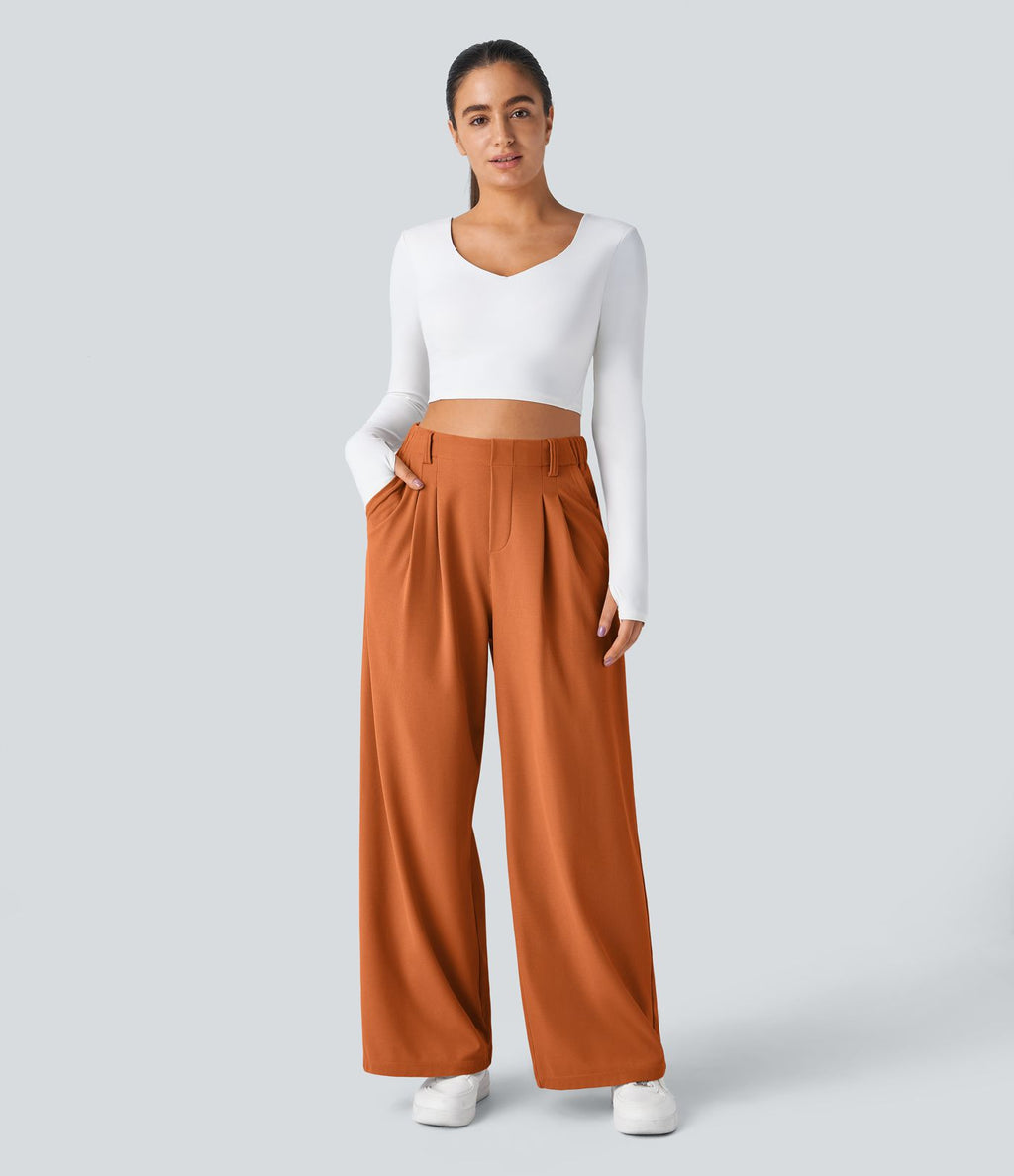 Pantalon Tailleur Large Fluide Halara Flex™ Gaufré Taille Haute Poches Latérales