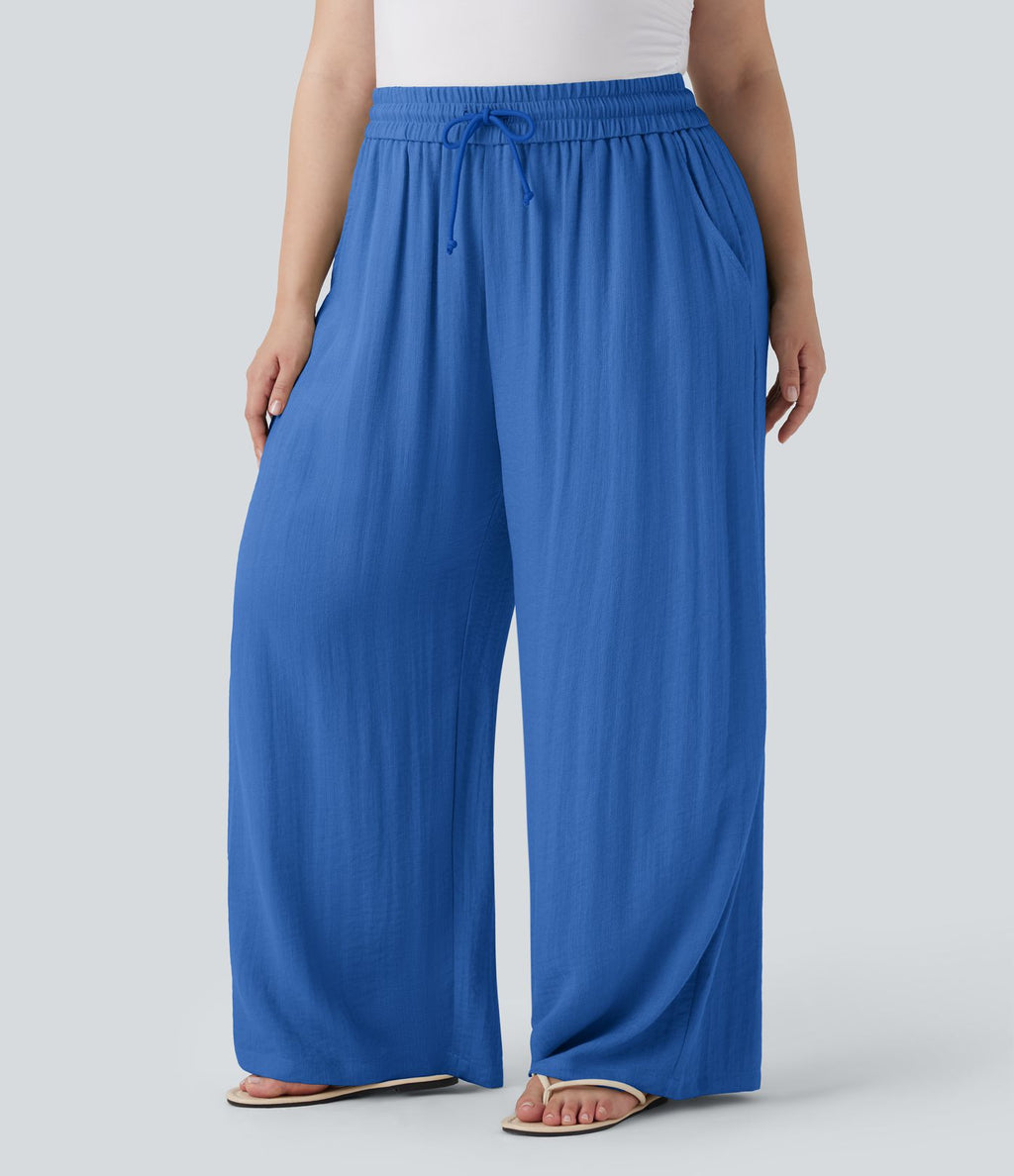 Pantalon décontracté grande taille large fluide taille haute effet lin avec cordon de serrage et poches