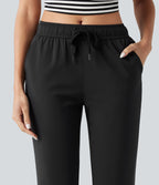 Pantalon ajusté décontracté taille mi-haute avec cordon de serrage, aspect lin extensible et poches