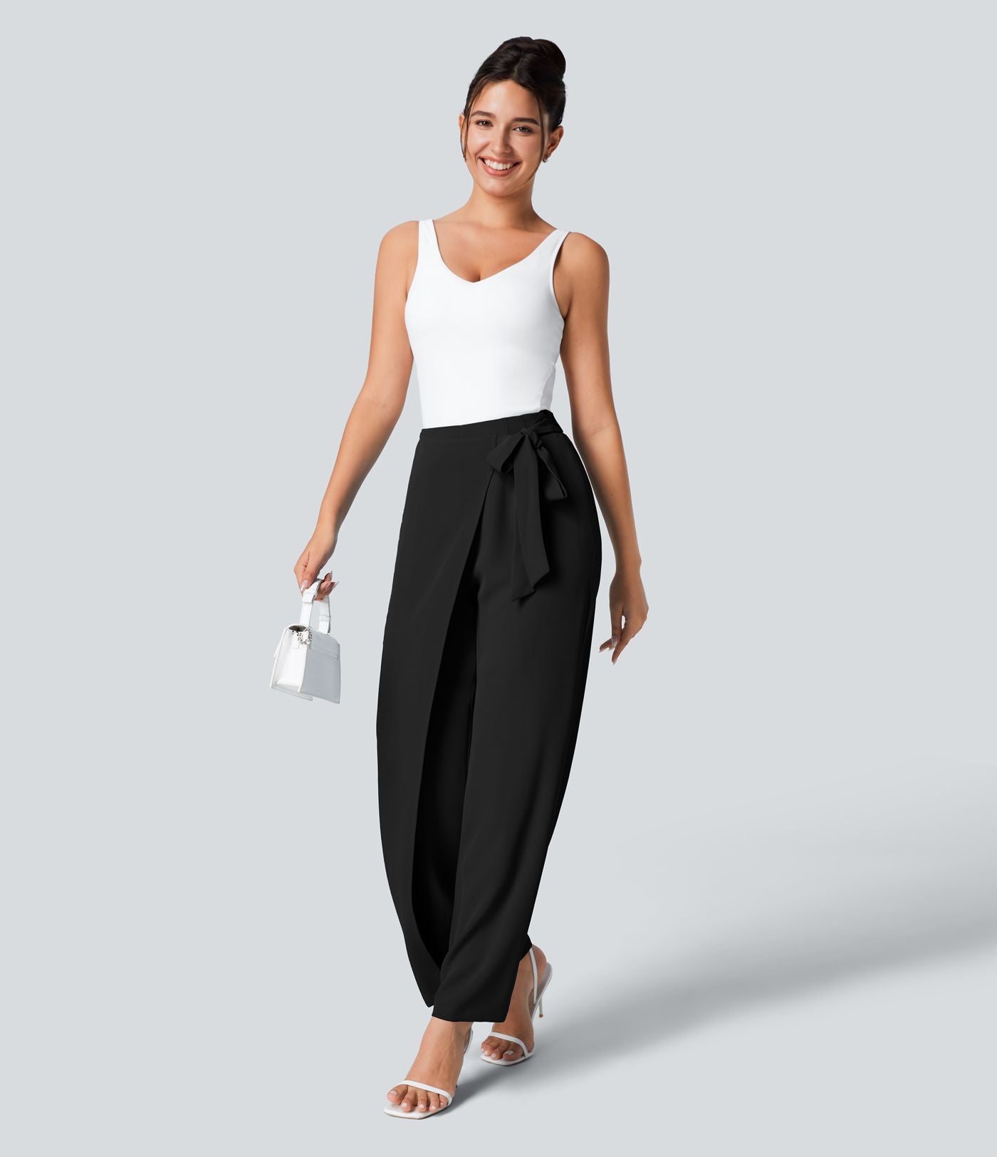 Pantalon Tailleur Large Fluide Taille Haute Fermeture Éclair Invisible