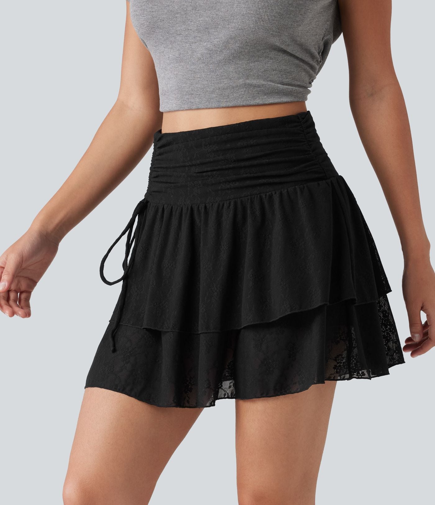 Jupe casual 2-en-1 à volants taille haute avec cordon de serrage et dentelle