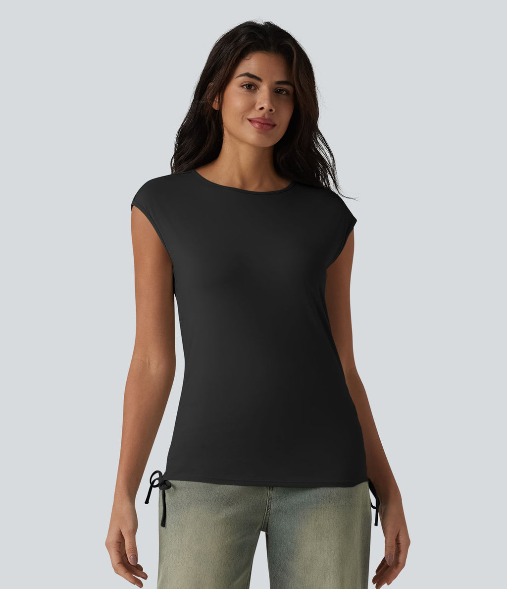 T-shirt casual col rond à manches courtes couvrantes avec cordon de serrage