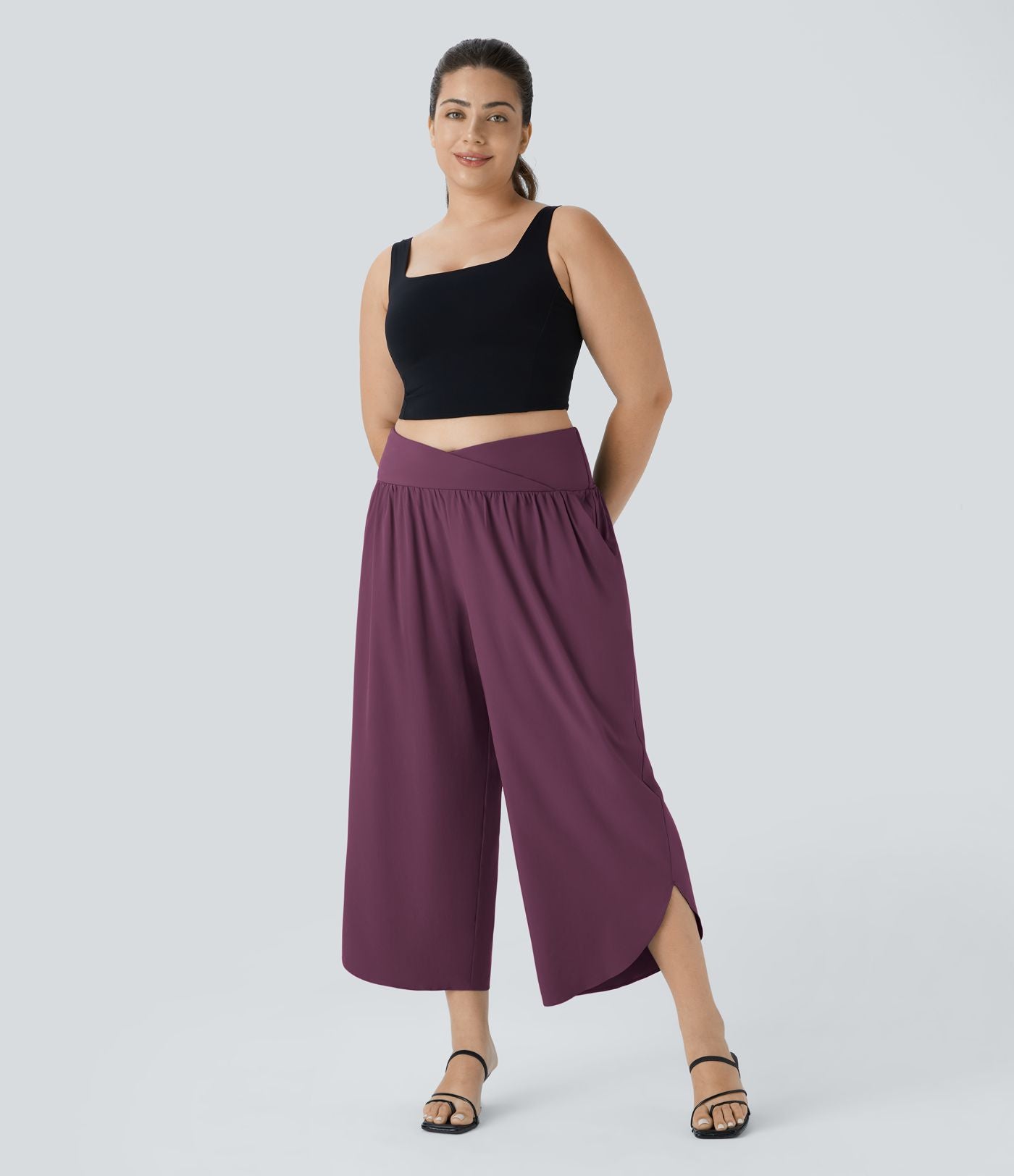 Breezeful™ Pantalon de Vacances Grande Taille Taille Haute avec Découpe Croisée Plissé Poche Latérale Fente et Séchage Rapide