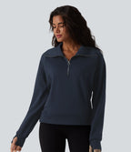 Sweat-shirt décontracté col revers demi-zip manches longues avec trous pour pouces et poches