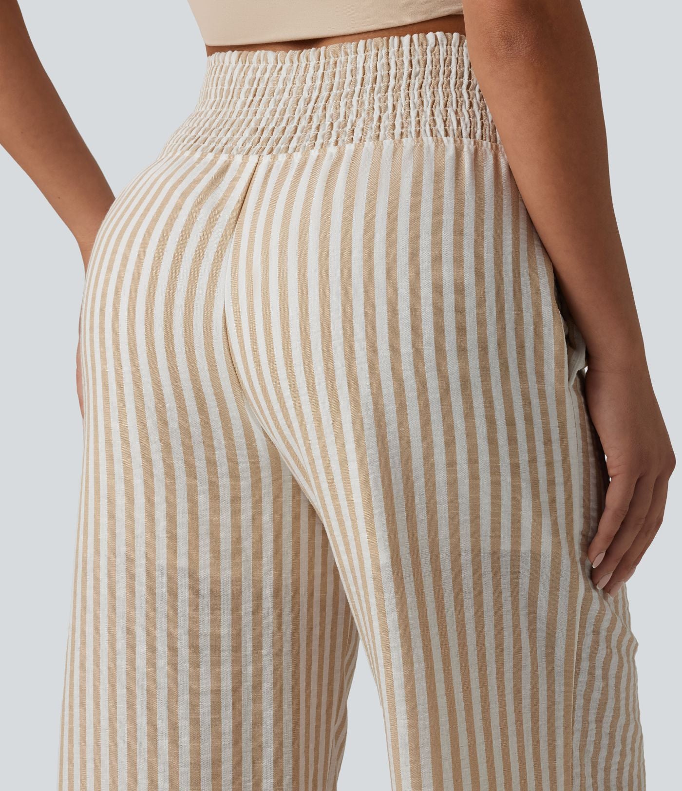 Pantalon coupe droite décontracté 2 en 1 taille haute froncé à rayures aspect lin avec poches