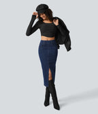 Halara Flex™ Jupe en Jean Midi Casual Tricot Extensible Taille Haute Poches Multiples