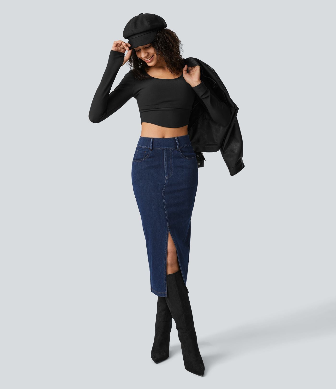 Halara Flex™ Jupe en Jean Midi Casual Tricot Extensible Taille Haute Poches Multiples
