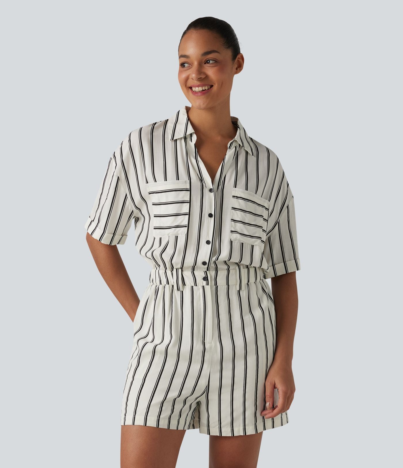 Combinaison-chemise décontractée rayée à manches courtes avec poches