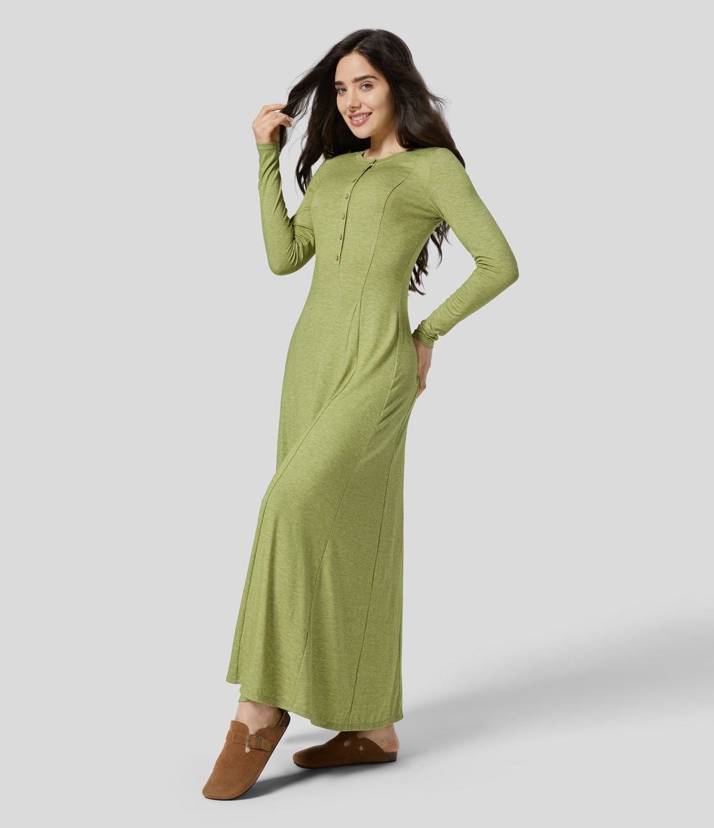 Robe de Casual Maxi Manches Longues Évasées et Boutons au Col Rond