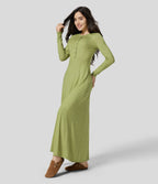 Robe de Casual Maxi Manches Longues Évasées et Boutons au Col Rond