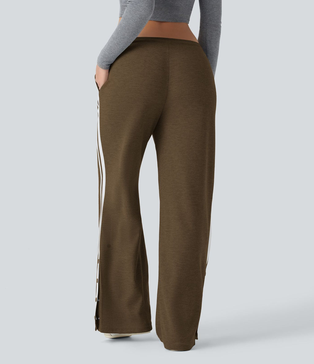 Pantalon jogging décontracté large taille basse à cordon en gaufre à blocs de couleurs avec boutons-pression fendus et poches