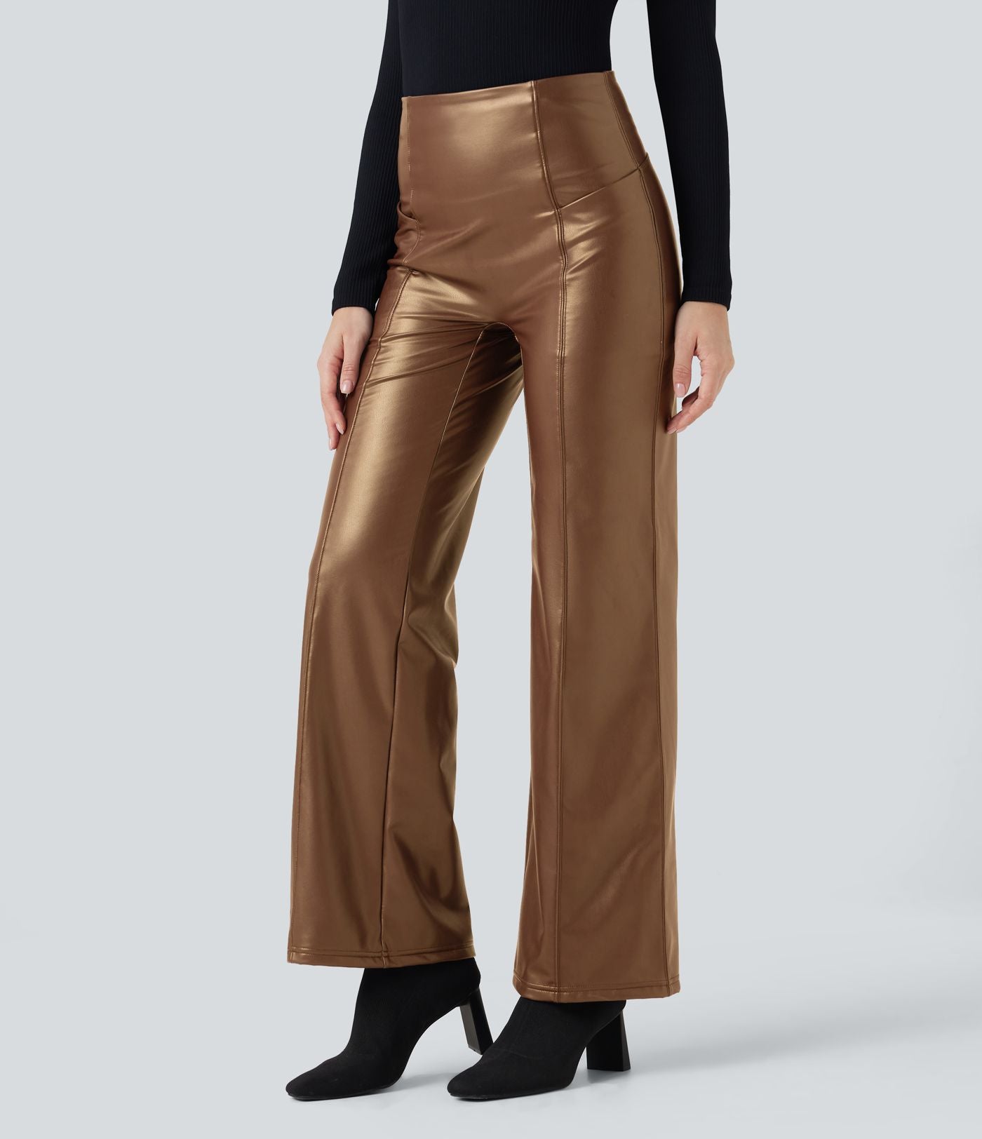 Pantalon similicuir évasé gainant taille haute stretch avec poches