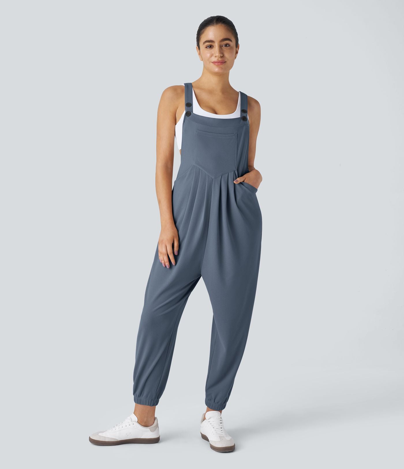 Salopette Casual Bretelles Ajustables Boutonnés Multiples Poches Plis et Tissu Gaufré