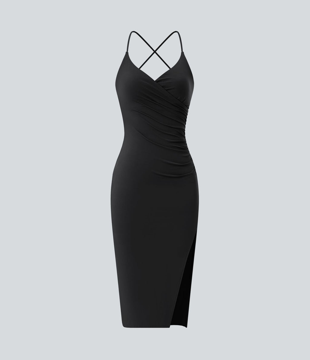 Robe moulante SoftlyZero™ Airy fendue à effet frais InstantCool, brassière intégrée, dos nu croisé à lacets, légèrement plissée pour invitée de mariage et demoiselle d'honneur