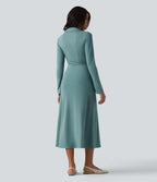 Robe midi décontractée à col en V et manches longues froncées