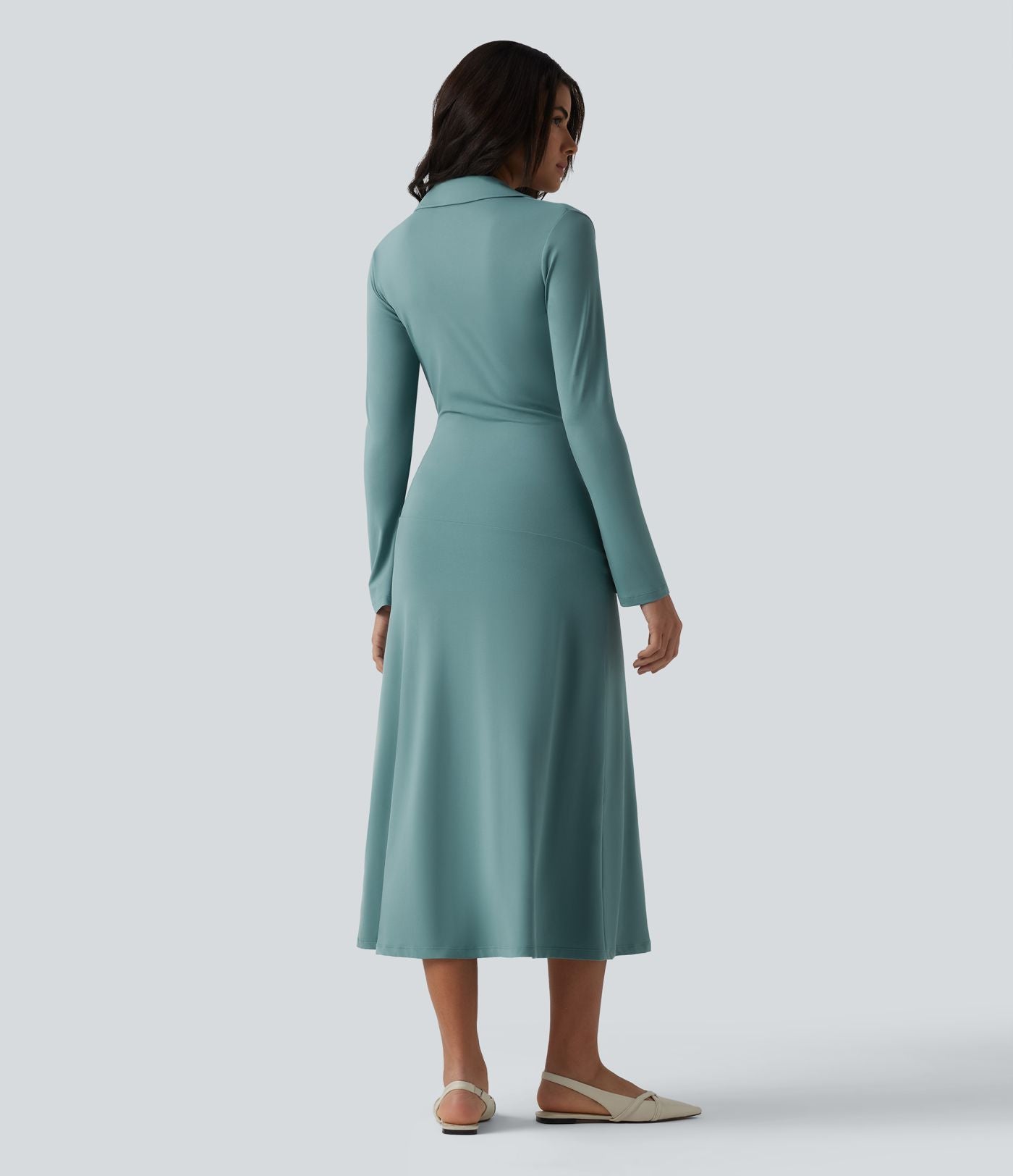 Robe midi décontractée à col en V et manches longues froncées