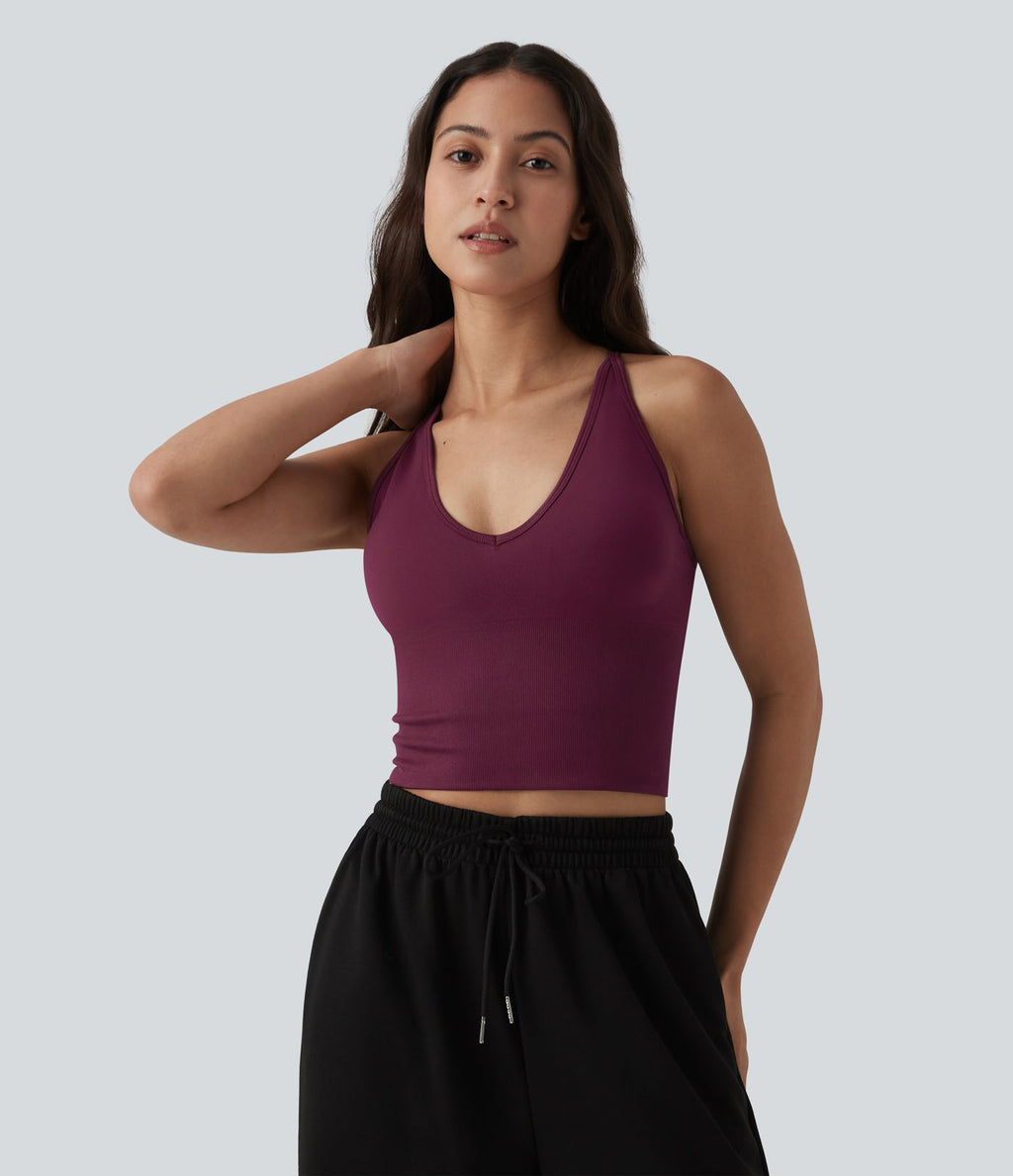 OneForm Seamless Flow Débardeur de yoga crop dos nu croisé décolleté en V profond avec soutien-gorge intégré