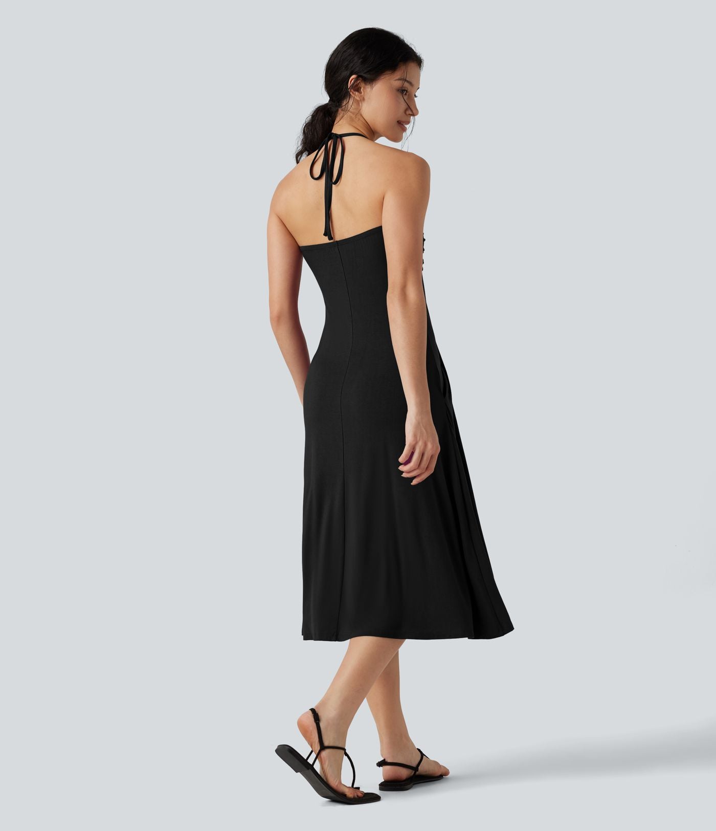 Robe midi trapèze dos-nu à nouer, à poches