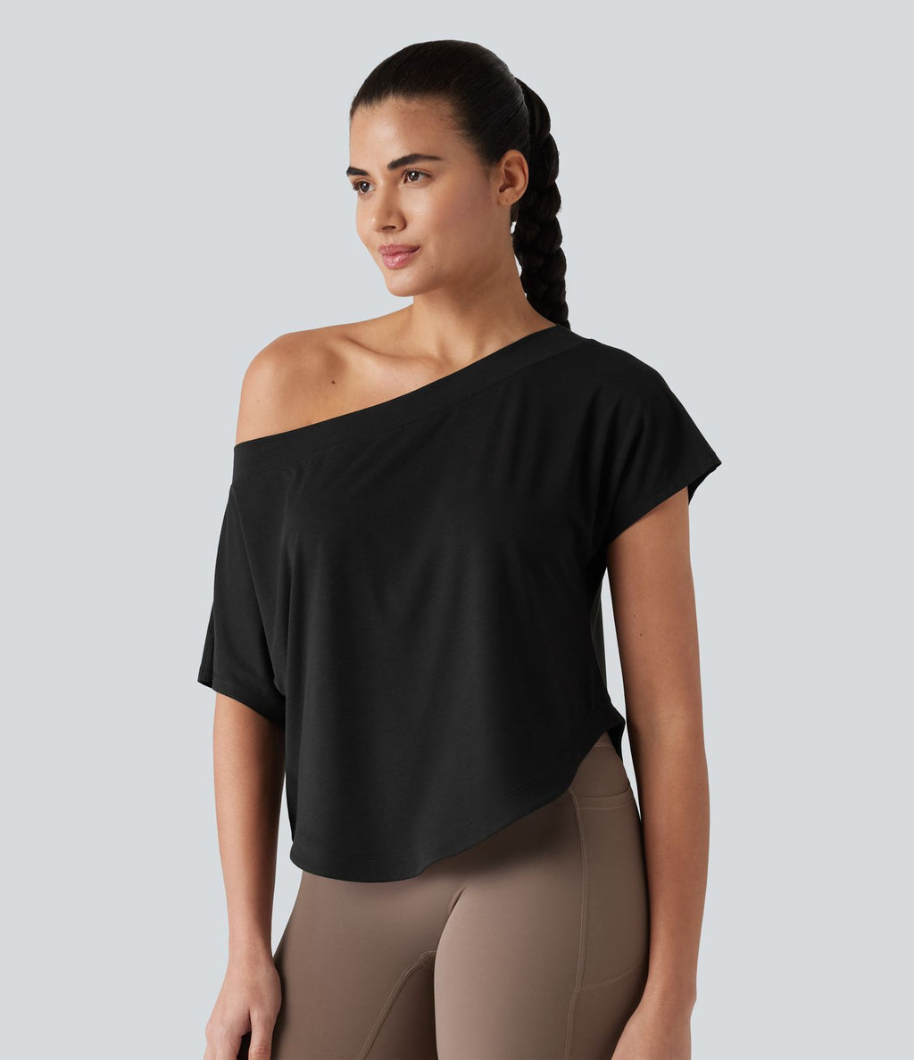 Haut de sport yoga asymétrique à une épaule manches courtes ourlet arrondi asymétrique séchage rapide