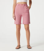 Bermuda casual taille haute en lin stretch avec ourlets retroussés et poches